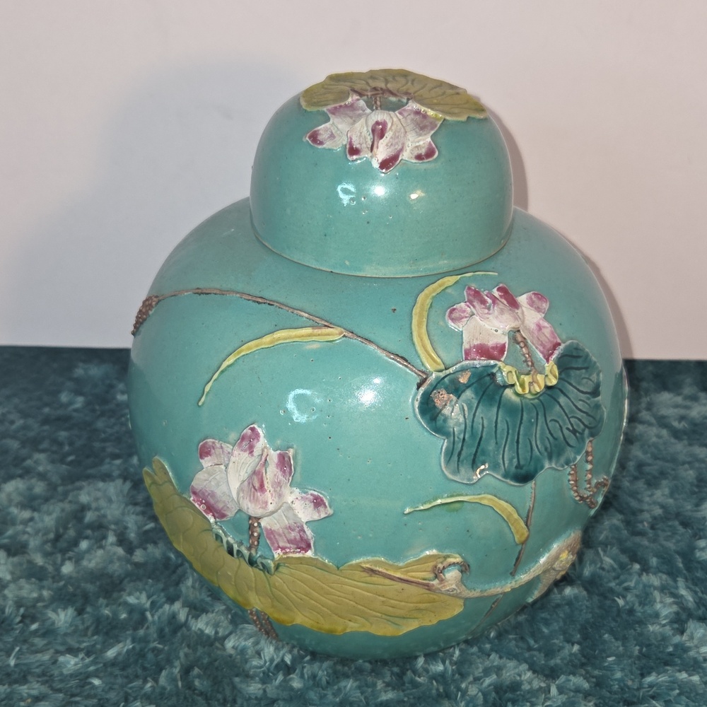 Antique Chinese Teal Floral Ceramic Ginger Jar